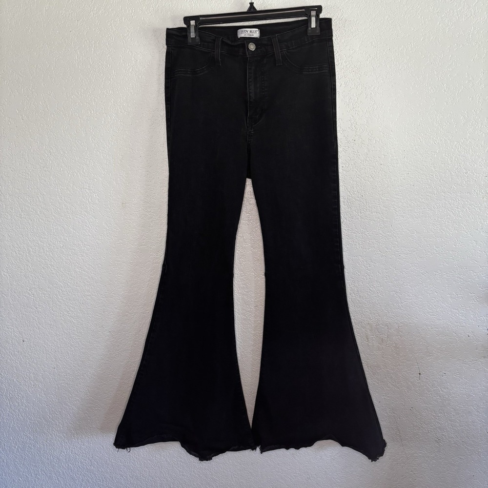 Judy Blue Jeans Womens 11/30 Black Super Flare Bell Bottom Raw Hem Stretch Denim